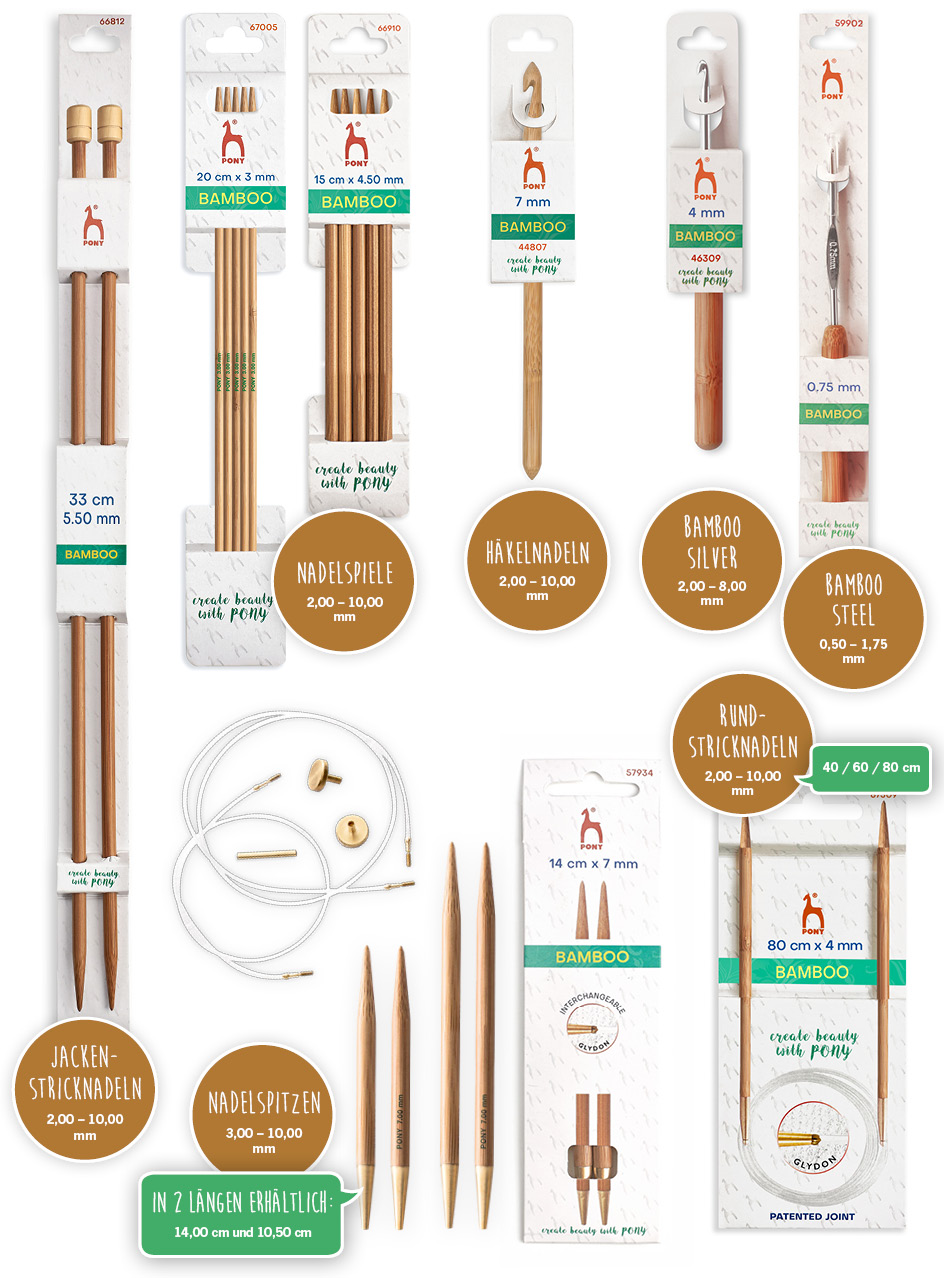 PONY Bamboo Rundstricknadel, Flexstricknadel, Jackenstricknadel, Nadelspiele, Häkelnadel
