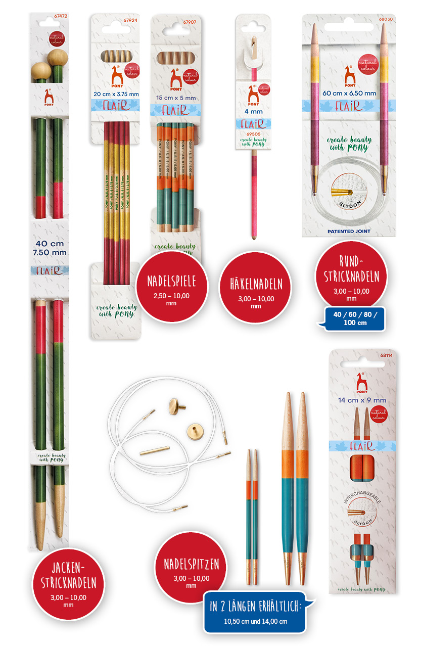 PONY Flair Jackenstricknadel, Nadelspiele, Rundstricknadel, Nadelspitzen, Häkelnadel