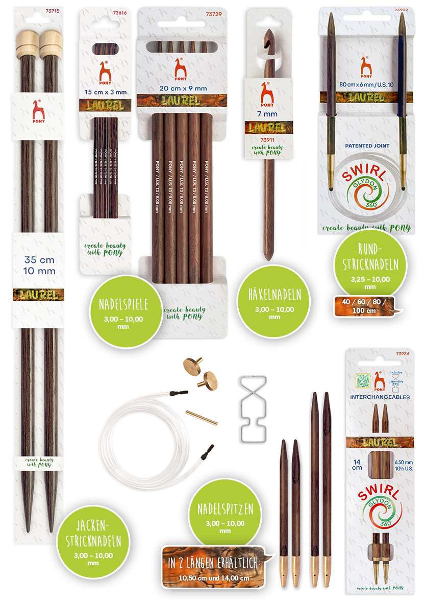 PONY Laurel Jackenstricknadel, Nadelspiele, Rundstricknadel, Nadelspitzen, Häkelnadel