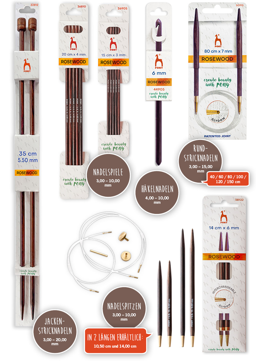 PONY Rosewood Jackenstricknadel, Häkelnadel, Nadelspiele, Rundstricknadel, Nadelspitzen